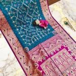 Handcrafted Puri Gazzi Satin Saree in Forest Green & Crimson Red with Golden Zari Weaving and Blouse Piece