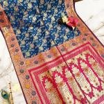 Handcrafted Puri Gazzi Satin Saree in Royal Blue & Rani Pink with Golden Zari Weaving – With Blouse Piece