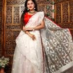 Handcrafted White Pure Organza Muslin Saree with Red Border & Floral Appliqué Work | Festive Bengali Saree | Includes Matching Red Blouse Piece