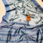 Handwoven Cream Off-White Katha Silk Saree with Tussar Katha Border & Blouse Piece