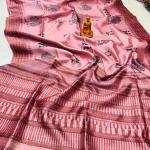 Handwoven Soft Pink Katha Silk Saree with Tusshar Katha Border & Blouse Piece