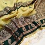 Lime Yellow Handwoven Mahabalipuram Silk Saree with Bottle Green Antique Gold Zari Border
