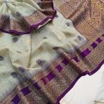 Ice Grey Handwoven Mahabalipuram Silk Saree with Rich Red Antique Gold Zari Border