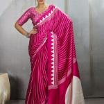 Pure Handcrafted Ajrakh Modal Silk Saree in Hot Pink with Contrast Blouse Piece