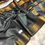 Graceful Handcrafted Charcoal Gray Mangalgiri Saree in Bapta Tusshar Silk with Gold Zari Border