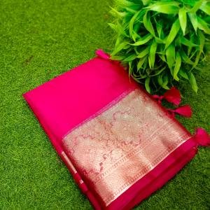 Golden Grace in Pink – Handcrafted Maslin Organza Saree with Matching Blouse