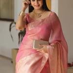 Pink Elegance – Handcrafted Banarasi Kota Tissue Saree with Gold Zari & Blouse Piece