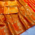 Radiant Marigold Orange Handwoven Tissue Banarasi Saree with Blouse – Golden Zari Elegance