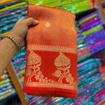 Radiant Marigold Orange Handwoven Tissue Banarasi Saree with Blouse – Golden Zari Elegance