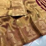 Radiant Marigold Orange Handwoven Tissue Banarasi Saree with Blouse – Golden Zari Elegance