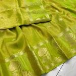 Radiant Marigold Orange Handwoven Tissue Banarasi Saree with Blouse – Golden Zari Elegance