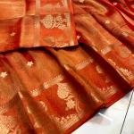 Radiant Marigold Orange Handwoven Tissue Banarasi Saree with Blouse – Golden Zari Elegance