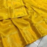 Exquisite Handcrafted Yellow Tissue Banarasi Saree with Gold Zari Work & Blouse Piece