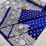 Indigo Allure: Handcrafted Pure Satin Banarasi Saree with Heavy Silver Zari & Matching Blouse Border