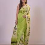 Lime Whisper Semi Murshidabad Bapta Silk Saree – Handblock Floral Print in Yellow, Purple & Blue with Blouse
