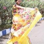Pastel Bloom Semi Murshidabad Bapta Silk Saree in Light Yellow & Pale Green – Handblock Floral Elegance with Blouse
