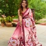 Blush Harmony Pink Semi Murshidabad Bapta Silk Saree – Handblock Floral Design with Maroon Borders & Blouse