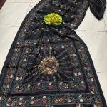 Ebony Elegance: Black Assam Silk Saree with Intricate Rainbow Kantha Embroidery