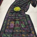 Black Assam Silk Saree with Vibrant Multicolour Kantha Embroidery