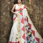 Kerala Cotton Hand-Painted White Saree with Multicolor Motifs & Golden Border