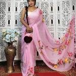 Hand-Painted Baby Pink Mul Cotton Saree with Multicolor Floral Artwork