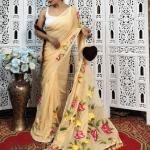 Hand-Painted Baby Pink Mul Cotton Saree with Multicolor Floral Artwork