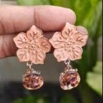 Trendy Turquoise Floral Enamel Earrings with Blue Crystals Drops