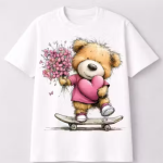 Women White Cotton Printed T-Shirt Cute Teddy Bear