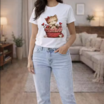Cute Kitten Basket Printed White Cotton T-Shirt for Women