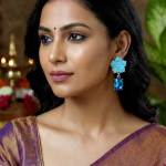 Trendy Turquoise Floral Enamel Earrings with Blue Crystals Drops