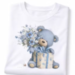 Women White Cotton Printed T-Shirt Cute Teddy Bear Gift Floral Design