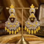 Premium Quality Silver-Plated Yellow Kundan Chandbali Earrings