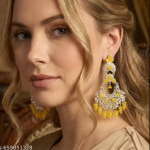 Premium Quality Silver-Plated Yellow Kundan Chandbali Earrings