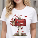 Women White Cotton Printed T-Shirt Love Letter Mailbox Heart Design