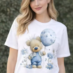 Women White Cotton Printed T-Shirt Cute Teddy Bear Balloon Floral