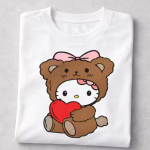 Women White Cotton Printed T-Shirt Cute Teddy Bear Heart Design