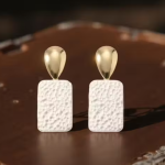 Trendy Gold Drops Top Textured White Rectangle Dangler Earrings for Women & Girls