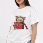 Cute Cat Gift Box Printed White Cotton T-Shirt for Women