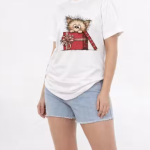 Cute Cat Gift Box Printed White Cotton T-Shirt for Women