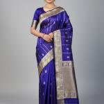 Blue And Gold-Toned Woven Design Banarasi Silk Blend Saree