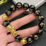 Original Feng Shui Black Obsidian Om Mani Pixiu Wealth Bracelet, 12 mm with Adjustable Elastic for Men Women Boys Girls as Fashion and Healing