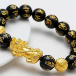 Original Feng Shui Black Obsidian Om Mani Pixiu Wealth Bracelet, 12 mm with Adjustable Elastic for Men Women Boys Girls as Fashion and Healing