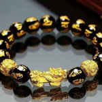 Original Feng Shui Black Obsidian Om Mani Pixiu Wealth Bracelet, 12 mm with Adjustable Elastic for Men Women Boys Girls as Fashion and Healing