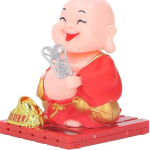 Silverline Buddha Figurine, Auspicious Smiling Eyes Auto Shaking Hand Monk Decoration Solar Power Odorless Unique Shapes for Indoor (Red) (Small)