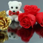Heart-Shaped Gift Box with Red Roses, Plush Teddy Bear, Gold-Tone Flower, Valentine's Day Gift Set