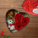 Heart-Shaped Gift Box with Red Roses, Plush Teddy Bear, Gold-Tone Flower, Valentine's Day Gift Set