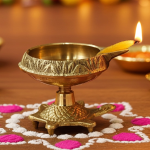 Brass Table Decor Oil Lamp Deepak On Tortoise  - Traditional Oil Lamp for Mandir Lighting