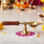 Brass Table Decor Oil Lamp Deepak With Wooden Handle  - Durable Puja Deepak