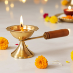 Brass Table Decor Oil Lamp Deepak With Wooden Handle  - Handcrafted Brass Diya