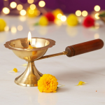 Brass Table Decor Oil Lamp Deepak With Wooden Handle  - Decorative Deepak for Home